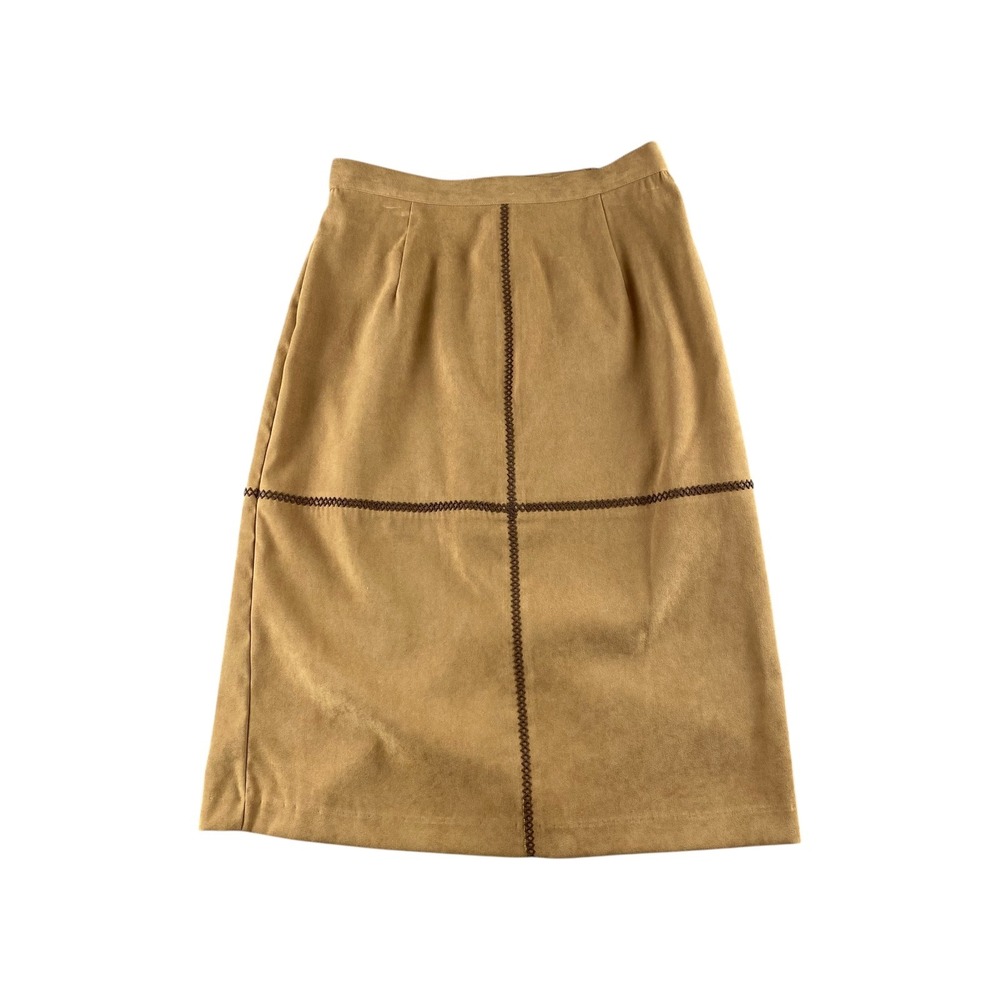 Kim Rogers Petite Tan Suede Look Midi Skirt Size 10 Paneled Stitch Detail